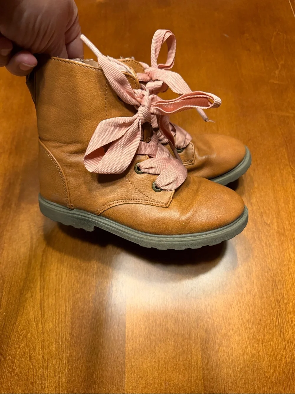 Cat & Jack Brown Kids Lace-Up Boots with Pink Ribbon Laces